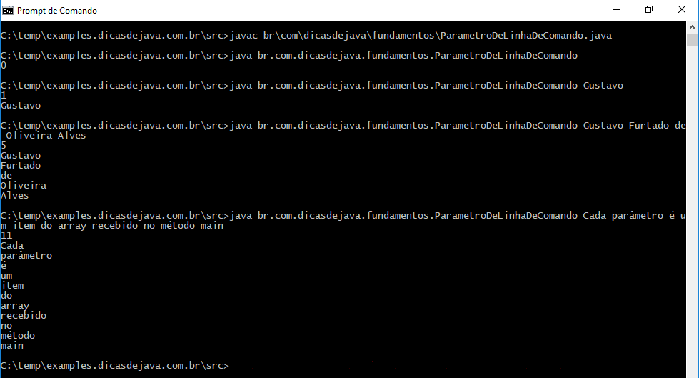 Execução de um programa Java com argumentos de linha de comando